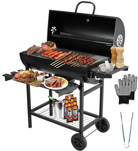 TEENO Griglia per barbecue, barbecue a carbone con griglia di cottura XXL di grandi dimensioni, guanti anti-bruciore, termometro, cassetto cenere, sfiato regolabile (basic)