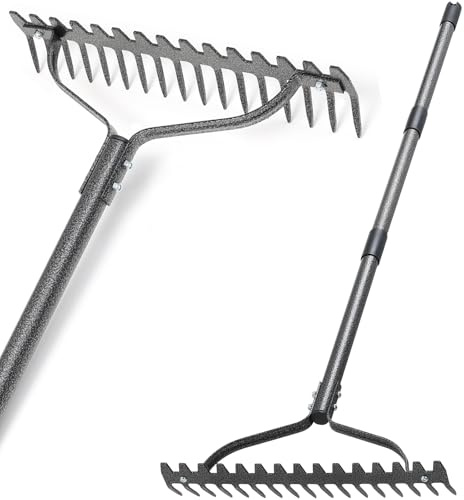 Bow Rake, Heavy Duty Metal Garden Rake for Looseing Soil, Leveling Lawn and Cleaning Leaves, 63 Long Handle Ergonomic Thatch Rake with 17 Tines for Yard,Farm,Lawn,Garden