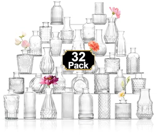 ROLLSCERAY Bud Vases in Bulk 32, vasi in vetro trasparente per centrotavola, piccoli vasi per fiori, mini vaso da fiori vintage per centrotavola, decorazione per la tavola di nozze, decorazione per la