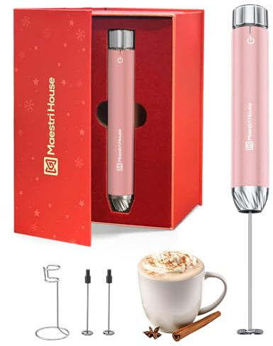 Maestri House Wiederaufladbarer Milchaufschäumer mit stufenloser Geschwindigkeitsregelung, Hand-Milchaufschäumer mit wasserdichtem, abnehmbarem Schneebesen Dusty Rose (Geschenkbox).