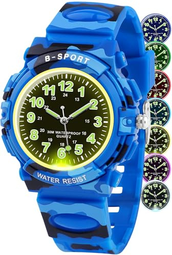 GUUMUXIN Orologio Analogico per Bambino con Luci Colorate, Orologio Didattico Impermeabile Fino a 30 Metri per Bambini e Bambine, Orologi Sportivi da Esterno con Cinturino in TPU per Bambini dai 5-16