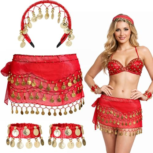 GWAWG Ensemble d'Accessoires de Danse du Ventre Ceinture à Pièces, Bandeau et Bracelets, Idéal pour Spectacles, Zumba et Yoga