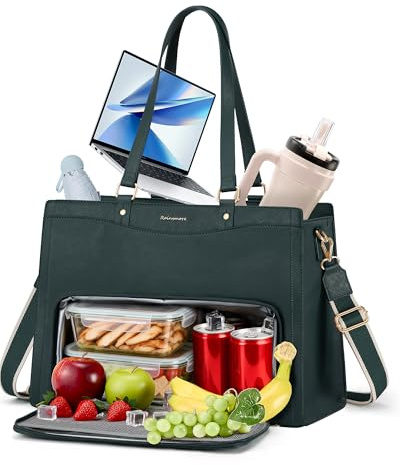 RAINSMORE Teacher Bag 15.6 Inch Laptop Bag with Lunch Compartment PU Leather Laptop Tote Bags for Women Professional Work Bag for College Office DeepGreen