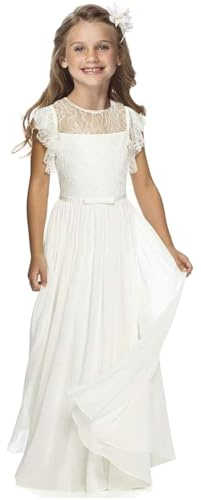 TYHTYM Vestido de ceremonia con encaje y estampado floral para niña con mangas aéreas - Blanco, beige, 8-9 Años
