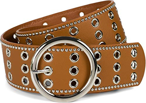 styleBREAKER Damen breiter Gürtel mit Lochnieten und runder Schließe, Nietengürtel, Taillengürtel, kürzbar 03010122, Farbe:Cognac, Größe:85cm