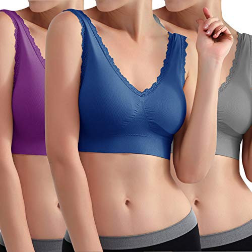 Libella 3er Pack Damen Sport BH Bügelloser Bustier Wohlfühl-BH Komfort-BH Schlaf-BH Freizeit-und Sport BH Seamless Sporttop Grau Blau Lila 3747 S/M
