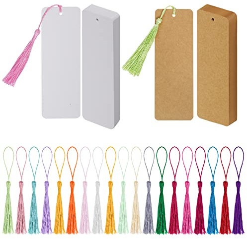 choyaxo 120 Pcs Kraft Paper Blank Bookmarks with 100 Pcs Colorful Tassels Paper Bookmarks for DIY Art Projects, School Supply, Gifts Tags 5.5x2 inch (120)