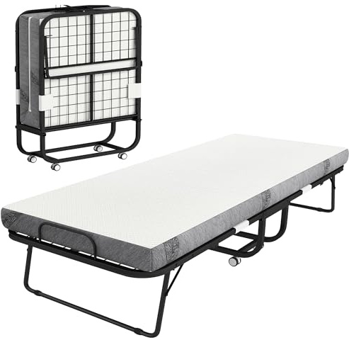 HOMCOM Cama Plegable 200x90 cm con 4 Ruedas, Cama de Camping Portátil, con Colchón Individual de 10 cm, Marco de Acero, Carga 150 kg, para Dormitorio, Salón, Oficina, Blanco