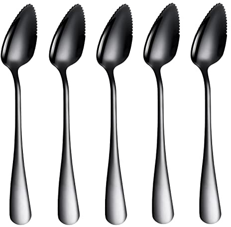 5 PCS Grapefruit Spoons, Stainless Steel Grapefruit Spoon Utensil Set, Serrated Edge & Thick Gauge Handle, Black Kitchen Tool with Non-stick Plating for Kiwi, Dessert, Apple, Citrus Fruit