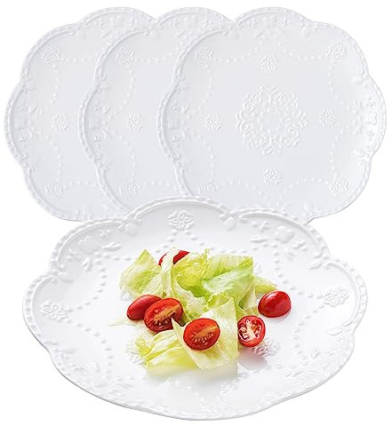 CLAY TONIC-Pack of 4 Embossed Lace White Porcelain Plate Set, 10 Inches
