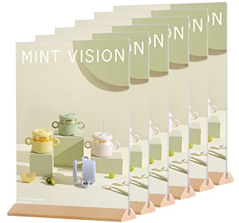 POERMA Aufsteller A5, 6 Stück Ständer Tischaufsteller, Werbeaufsteller mit Holzsockel für Büro, Geschäft, Ausstellung