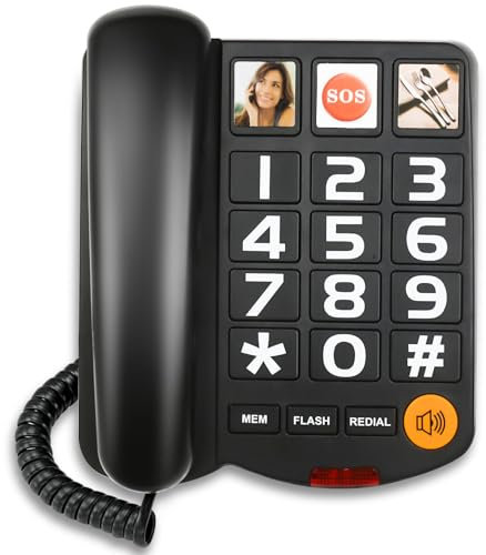 Big Button and Picture Landline Phones for Elderly Corded Landline Telephone With Adjustable Volume Loud for Hard of Hearing Speed Dialing Dementia Phone, Black