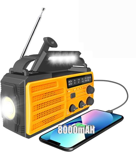 Solar Kurbelradio AM/FM Solar Radio Tragbar Notfallradio mit 8000mAh Wiederaufladbare Batterie, Led Taschenlampe, SOS Alarm und Handkurbel Dynamo für Camping, Survival, Reisen, Notfall (Orange)