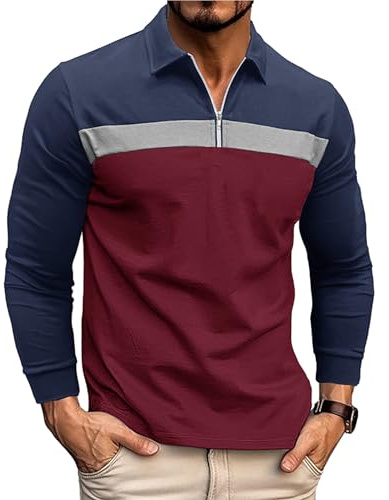 Ryehack Men's 1/4 Zip Polo Shirt Long Sleeve, Raglan & Contrast Color - Casual & Golf T-Shirt, Blue+Red, L