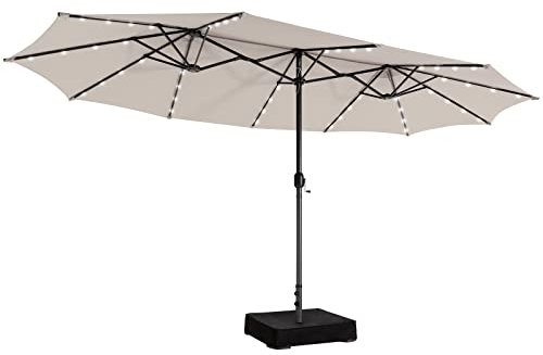 GOPLUS Parasol de Jardin Exterieur avec Pied, 4,7x2,8M Parasol Double avec LED 48 Lampes Solaires, Grand Parasol avec Manivelle et Base, Parasol Extérieur pour Terrasse, Patio, Marché (Beige)