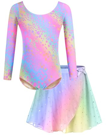 Bricnat Ballettkleidung Mädchen Langarm Tanzkleid Kinder Baumwolle Balletttrikot Ballettkleid Ballettanzug Tanzbody mit Rock Tütü Regenbogen 150