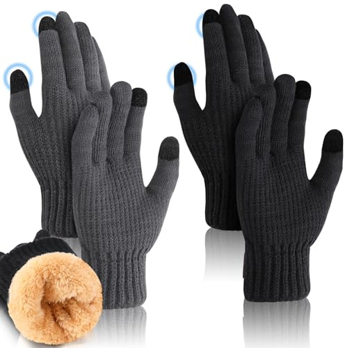 Meng Jiaran 2 Pair Thermal Winter Gloves for Women, Thick Knitted Touch Screen Gloves with Fleece Lining Warm Stretchy Glove for Driving Running Cycling Hiking Skiing, Black, Dark Gray