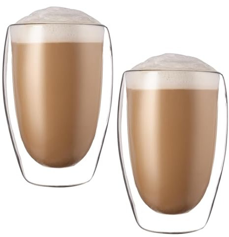 PRITOK Juego de 2 vasos de doble pared para latte macchiato, 450 ml, de doble pared, de vidrio de borosilicato, capuchino, tazas de té, tazas de café aisladas, aptas para lavavajillas