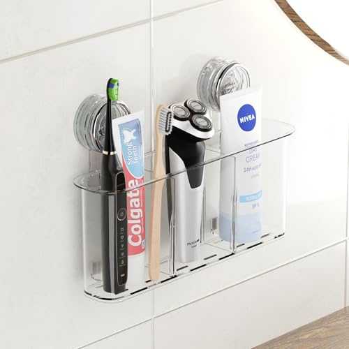 PAVSTINE Portaspazzolino a Ventosa Grande, Porta Spazzolino Elettrico Senza Foratura, Max 6KG Porta Spazzolini da Muro, Toothbrush Holder Rimovibile per Bagno, Cucina, Camera da Letto, Trasparente