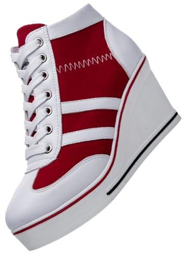 rismart Donna Tela Scarpe da Ginnastica con Zeppa Plateau Scarpe Alte Casual, Rosso Bianco, 38 EU