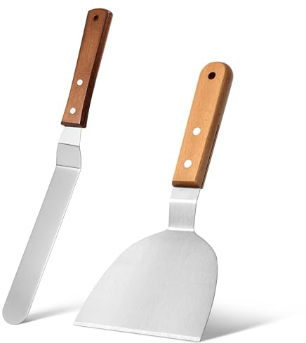 Set 2 piezas Espátula cocina acero inoxidable, 8 inch espátula angular y 10 inch espátula cocina para plancha barbacoa, Utensilios de cocina para repostería, pastelería y asados