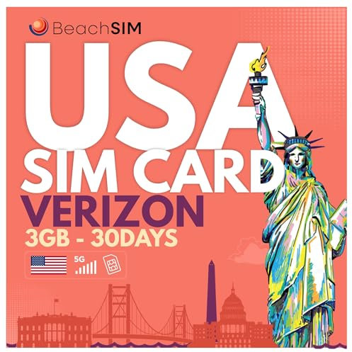 Tarjeta SIM BeachSIM USA 30 días. 3GB de Datos con Velocidad 4G/5G. Tarjeta SIM prepago sólo para Datos. Activación rápida. Fácil de recargar. Funciona en Dispositivos iOS y Android.
