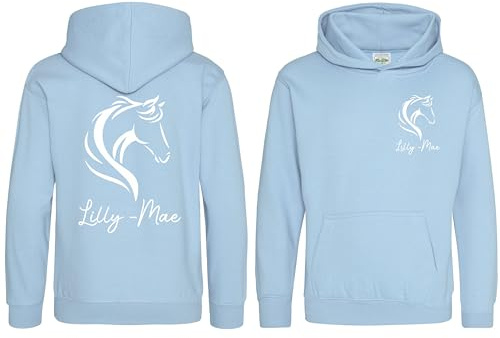 Girls Personalised Name Horse Riding Hoodie Pony Rider Club Sweatshirt Jacket (UK, Age, 12 Years, 13 Years, Regular, Baby Blue)