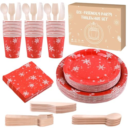 Anstore Platos Desechable Rojo Blanco, 200 Platos De Papel, Vajilla De Fiesta De Navidad Con Tenedores, Cuchillos, Cucharas, Platos, Vasos CumpleañOs, Vajilla De Papel Para Navideñas Para 25 Invitados