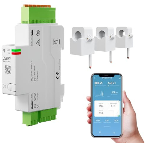 BSEED Contatore elettrico WLAN a 3 fasi, 120 A, con guida DIN, contatore di energia intelligente con misurazione del consumo energetico, Modbus RS485 RTU, controllo remoto app, archiviazione dati
