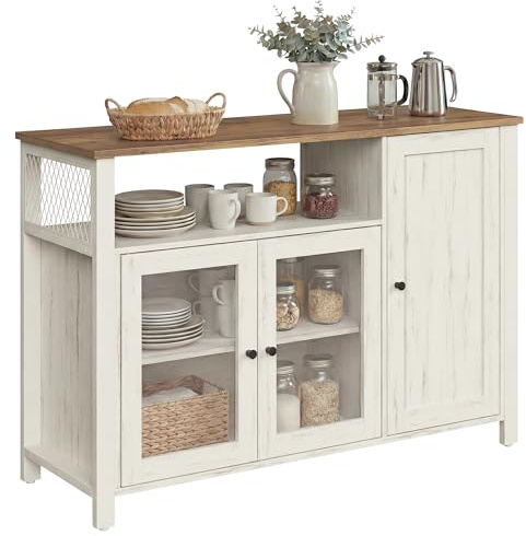 VASAGLE Credenza, Mobile da Cucina, Mobile Contenitore, con 3 Ante, per Soggiorno, Cucina, Sala da Pranzo, 33 x 110 x 75 cm, Stile Country, Marrone Miele e Bianco Vintage LSC096WJ02