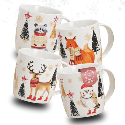 Schönes Ambiente Juego de 4 tazas navideñas - tazas de café grandes de 300 ml con divertidos motivos navideños de animales