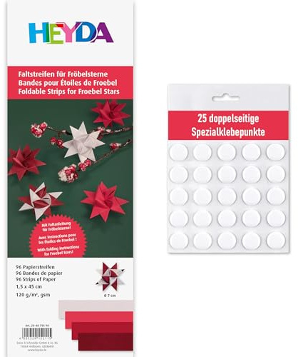 Heyda Faltstreifen für Fröbelsterne – 96 Streifen, 1,5×45 cm, 120 g/m² – beidseitig bedruckt – Bastelpapier Set für 24 Sterne – mit Anleitung – inklusive 25 Klebepunkte (rot 1,5x45cm)