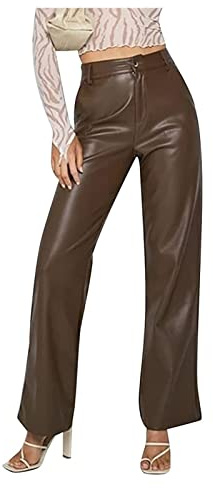 Dambyxor I Konstläder Med Knappar, Hög Midja, Raka Ben, Vida Ben, PU-leggings, Stretchiga Konstläderbyxor, Hög Midja, Rak Modell(Brown,XL)