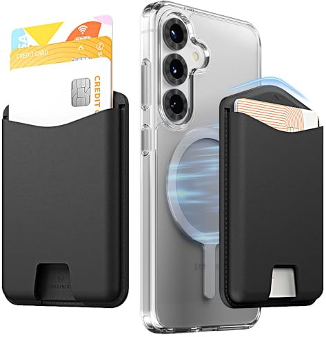 Sinjimoru Magnetische Geldbörse für Mobiltelefon, Premium Veganes Leder Handy 3 Kartenhalter, Kompatibel mit Allen Galaxy Smartphones, abgeschrägtes Design gegen Kamera, M-Viica Edge Schwarz