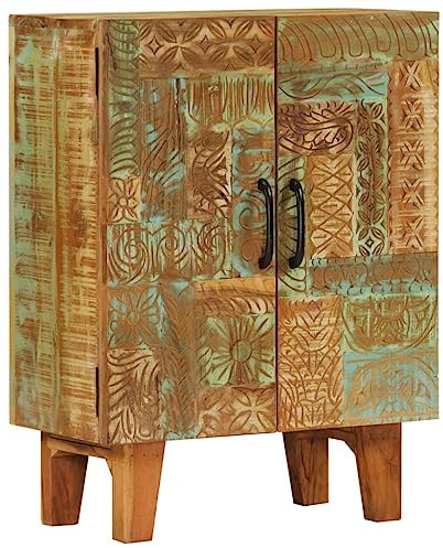 Buffet en Bois Massif Récupération Sculpté Main 55x30x75 cm, Meuble de Rangement Rétro Vintage pour Salon Salle à Manger, Armoire Basse Élégante avec Portes Sculptées, Design Unique et Écologique