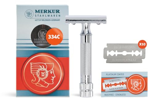 MERKUR 34C Short Handle Heavy Duty Classic Safety Razor Set with 10 Blades In A Box