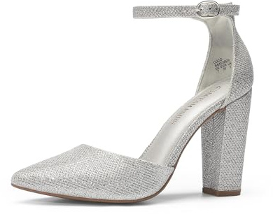 DREAM PAIRS Women's Coco High Heels Chunky Block Pumps Pointed Closed Toe Ankle Strap Dress Shoes,Size 9,Silver/Glitter,Coco