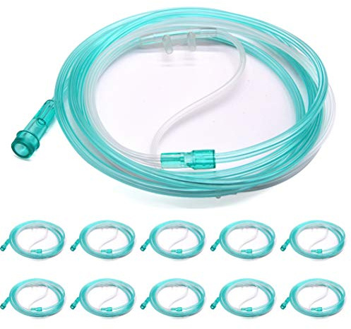 Healva 10 Pack High-Flow Soft Nasal Oxygen Cannula, Standard Connector 6.6 Feet, Green Tubing