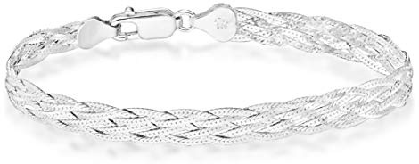 Miabella Italian 925 Sterling Silver, Tri-Color 18K Gold Plated 6-Strand Diamond-Cut 7mm Braided Herringbone Chain Bracelet for Women, Made in Italy (SI, Length 7.25 Inches)