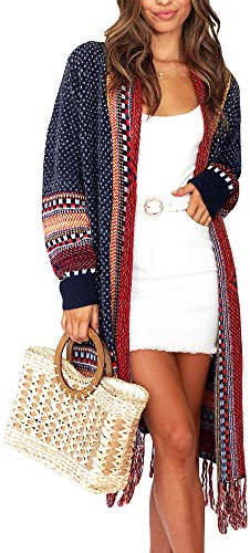 FERBIA Women Boho Cardigan Sweater Long Open Front Maxi Knit Sweaters Aztec Tribal Tassel Fringe Coat