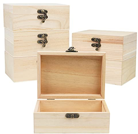 BELLE VOUS Naturbelassene Kleine Holzkiste (6er Pack) - 14,8 x 10,2 x 6,3 cm - Blanko Holzkästchen mit Scharnierdeckel & Frontverschluss - Schmuckkästchen Selber Gestalten, Basteln & Hobbys