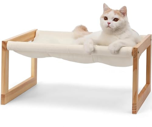 FUKUMARU Cat Bed with Removable Cover, Plush Velvet Couch for Indoor Cats, Wooden Feline Hammock, 21 x 16.5 Inch Kitten Sofa, Suitable for Kitty, Dog, Bunny and Small Animal, White