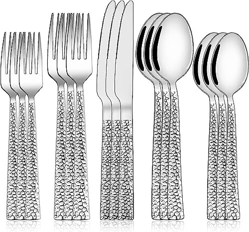 Ménagère pour 12 personnes, 60 pièces, en acier inoxydable, couverts martelés, avec couteau, fourchette, cuillère, couverts en acier inoxydable de haute qualité, polis et passent au lave-vaisselle