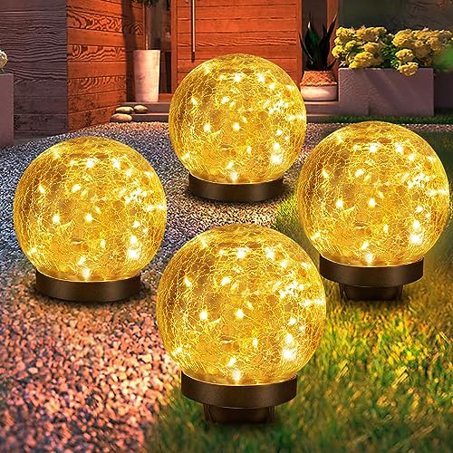 Luci solari da giardino a 4 sfere, 2 modalità di illuminazione, 11,9 cm, in vetro incrinato, 30 LED, impermeabili, per patio, cortile, portico, decorazione da giardino per esterni (bianco caldo,