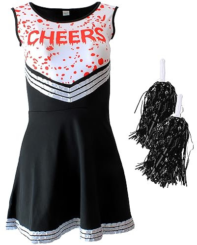 Zombie Cheerleader Costume Adult with Blood Splash and Pom Poms Dead Cheerleader Zombie Dress Up - Black & White XS