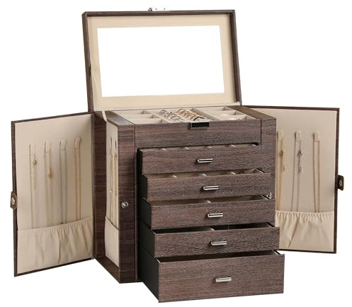 Frebeauty Large Jewelry Box, 6-Tier PU Leather Jewelry Organizer Multifunctional Storage Box with Mirror, Accessory Holder with 5 Drawers for Necklaces, Bracelets, Watches (Tree Brown)