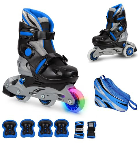JAMBACH Kinder Inliner Set mit Protektoren verstellbar zum Rollschuh mit LED blau (S (30-33))