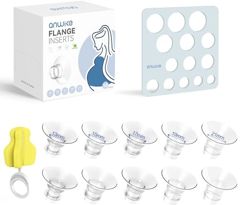 10 Pezzi Inserti Flangia per Tiralatte 13/15/17/19/21 mm, compatibili con Tiralatte Elettrici Momcozy, KISSBOBO, Medela, Nuliie,Bellababy,ANWIKE,con Righello per Capezzoli e Spazzola per la Pulizia