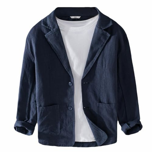 GIBZ Blazers de Lino para Primavera y Verano para Hombre Chaqueta de Traje Sencilla y Versátil con Solapa con Muescas Blazer Abrigo Deportivo de 2 Botones con Bolsillo Marino Azul S