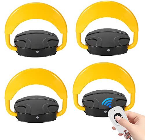 Daromigo 4x Parkplatzsperre mit 8x 20m Fernbedienung, 8x Schlüssel, Elektronische Parkplatzsperren, Klappbar Parkpfosten, Antikollision 180°, Geeignet für große Parkplätze und Privatparkplätze, Gelb